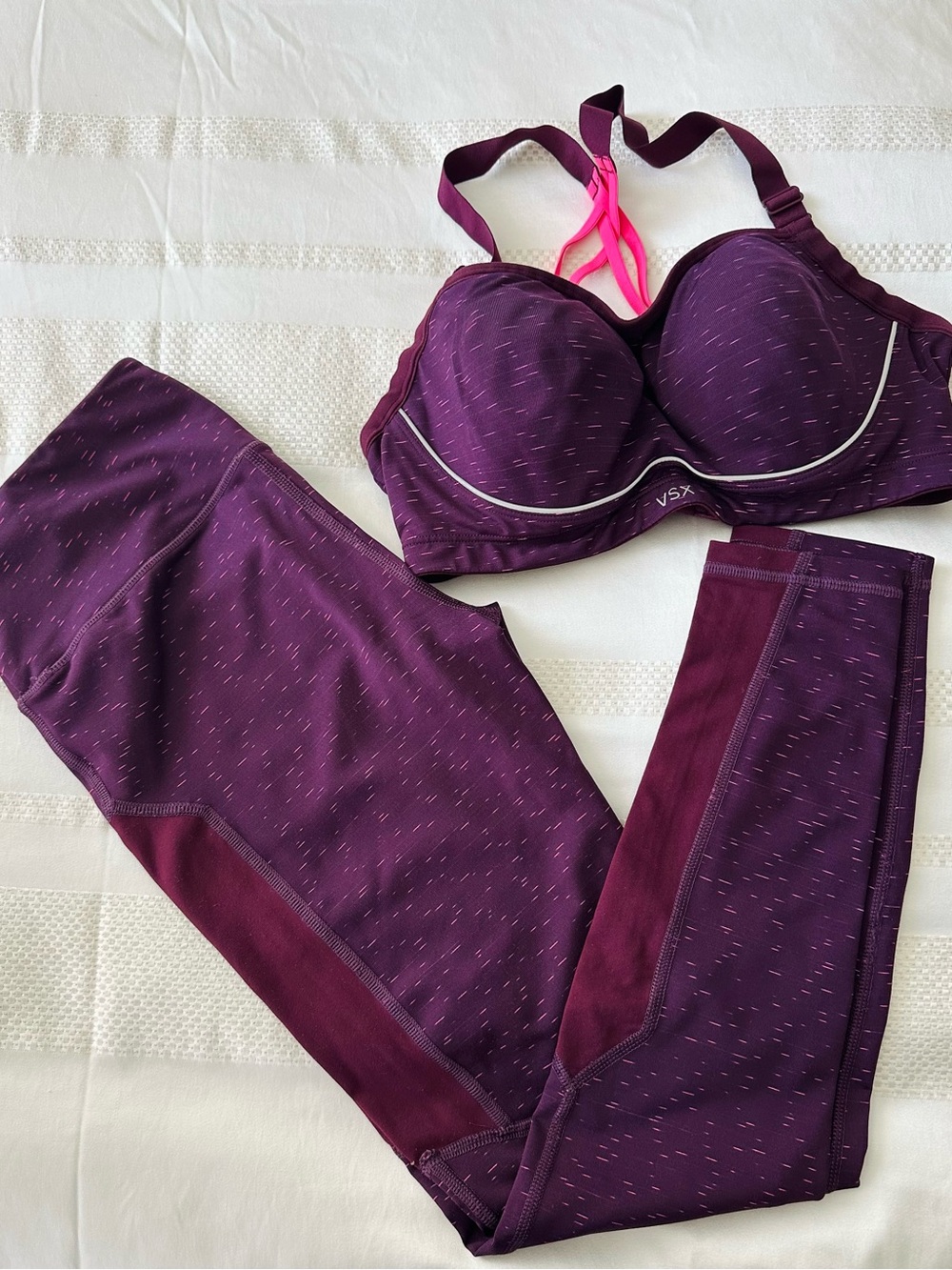 VSX Plum Performance Sports Bra & Leggings Set with Hot Pink Straps